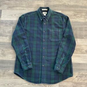 LL Bean Plaid Flannel Shirt Men’s LARGE Green Blue Black Slightly Fitted 298167
